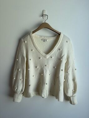 Madewell Vero Moda Cream V-Neck Pom-Pom Knit Sweater